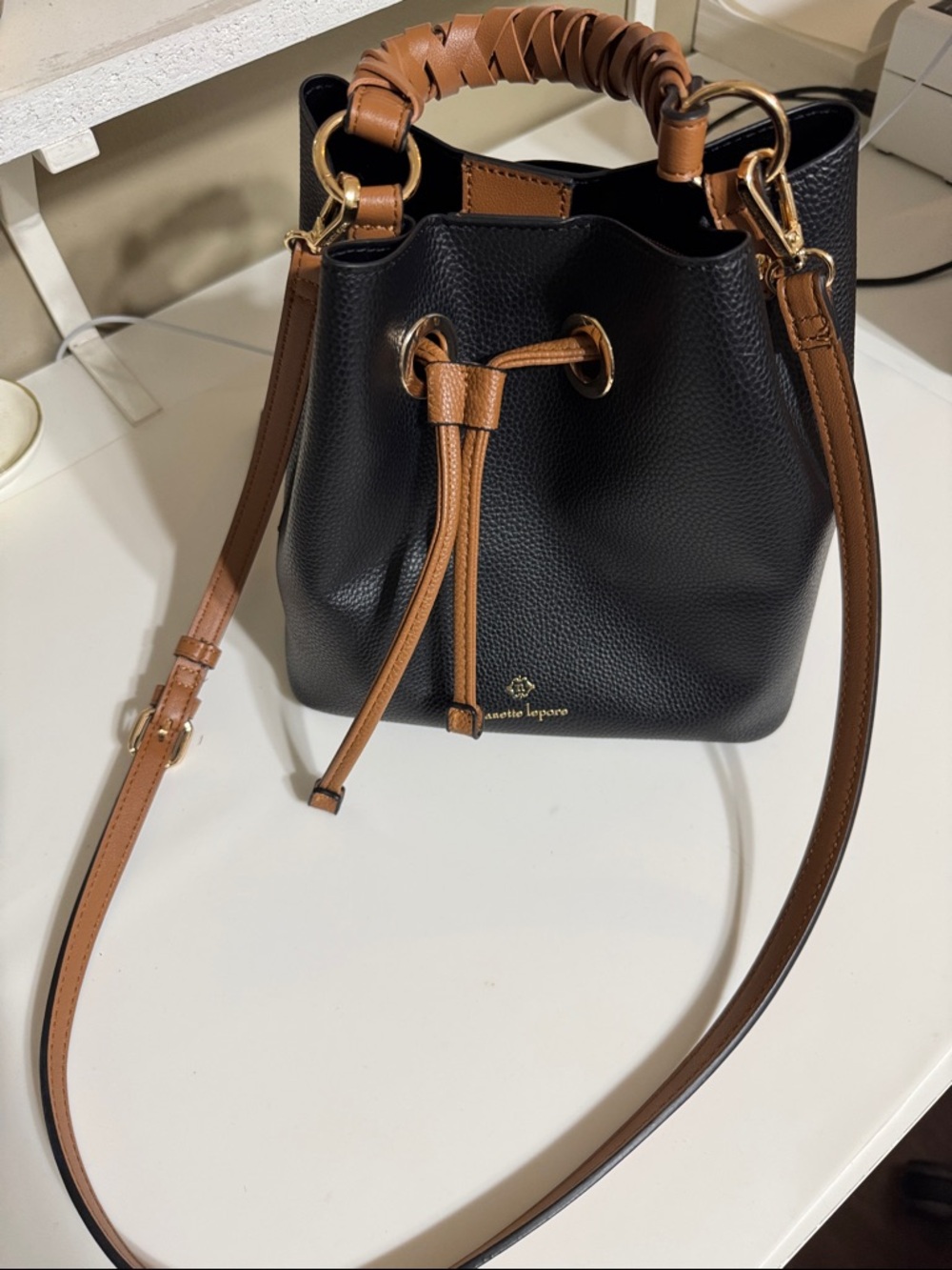 Nanette Lepore Black and Tan Leather Drawstring Bucket Bag